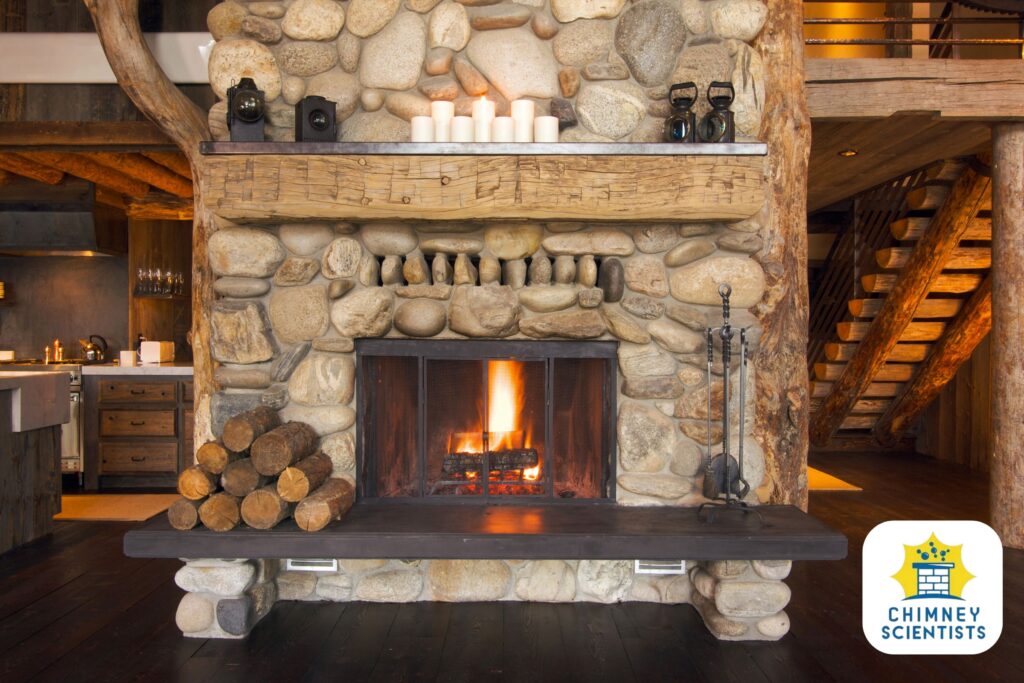 a rustic stone fireplace is prepared with professional chimney inepection and cleaning to perform all winter long in a cabin in Mount Pocono, PA