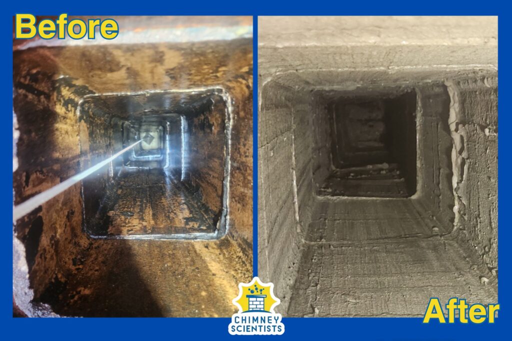 a before and after image showing the interior of a chimney flue with the results of a ceramic restoration in a home in Conchohocken, PA