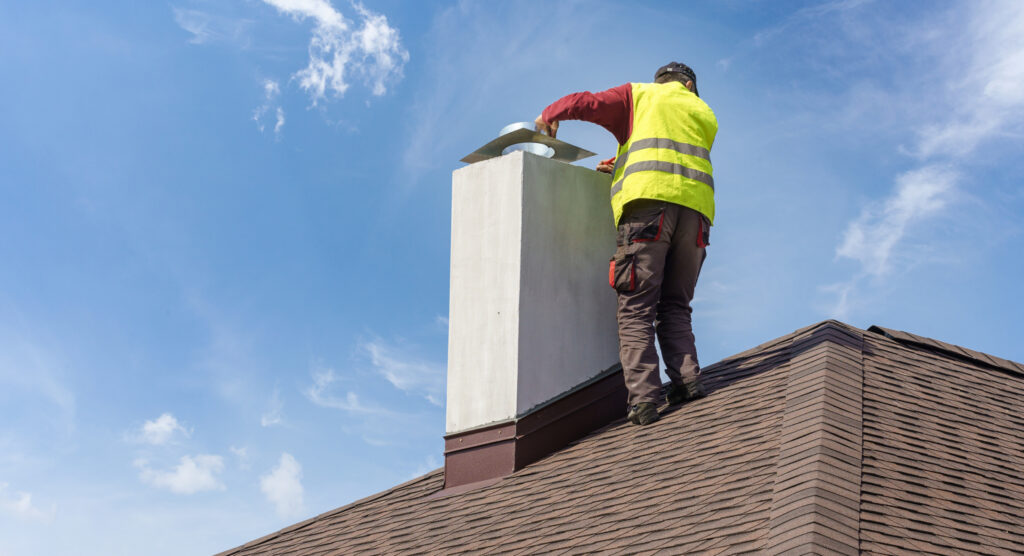 a technician performing a chimney inspection from the roof of a home in Lehigh County, PA