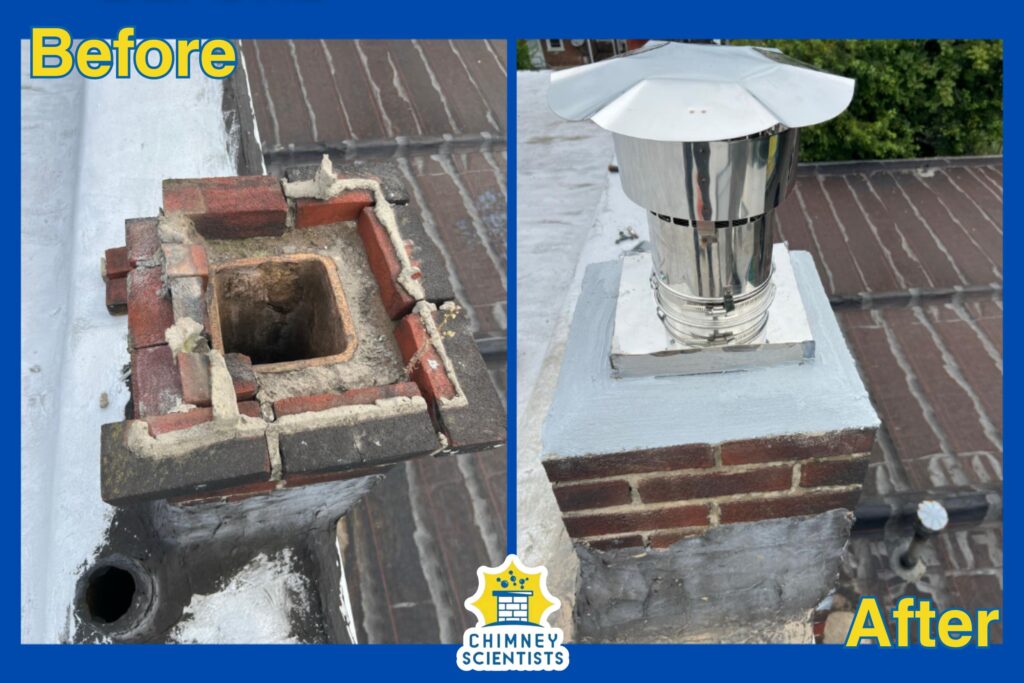 a before and after image showing the results of a chimney cap installation on a home in Conshohocken, PA