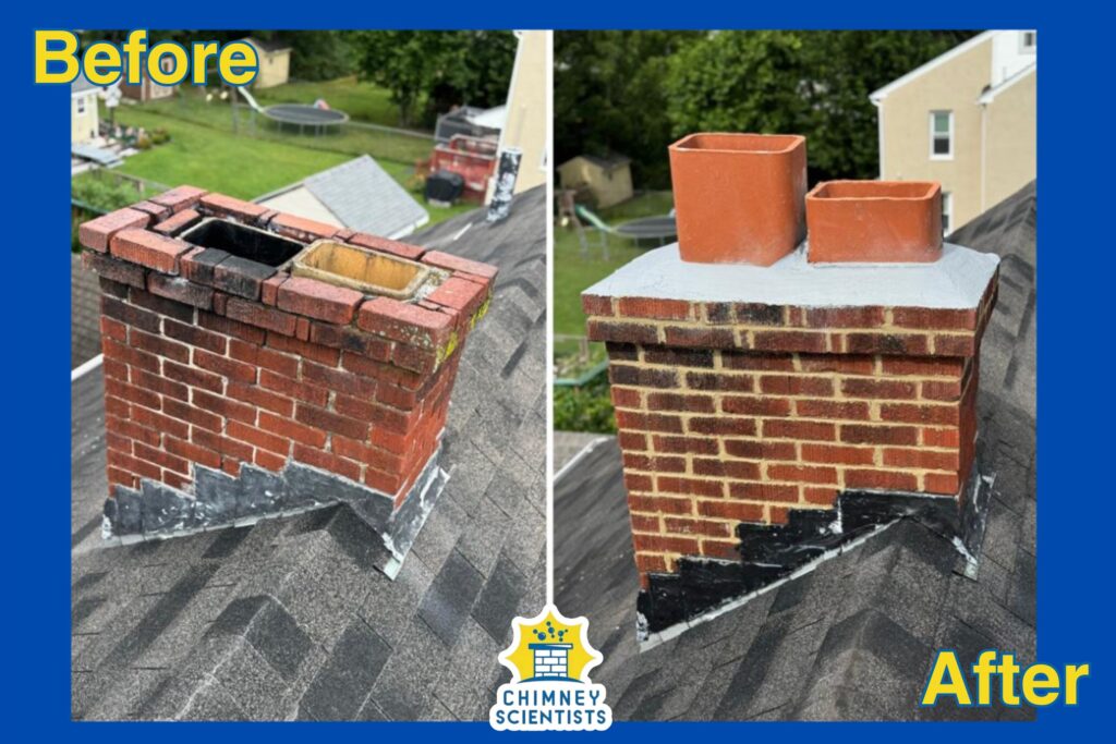 a before and after image showing the results of chimney pointing and crown repair on a home in Conshohocken, PA