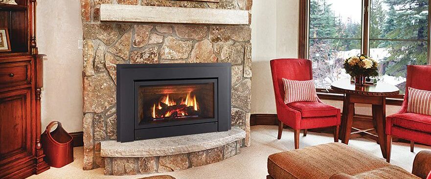 a cozy living area with a gas fireplace insert being used on a winter day in Monroe County, PA