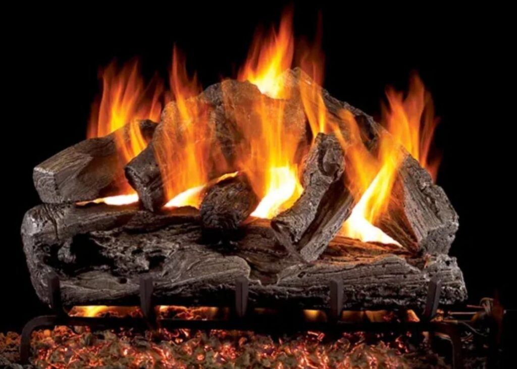a close-up of a gas fireplace log burning in a home in Carbon County, PA
