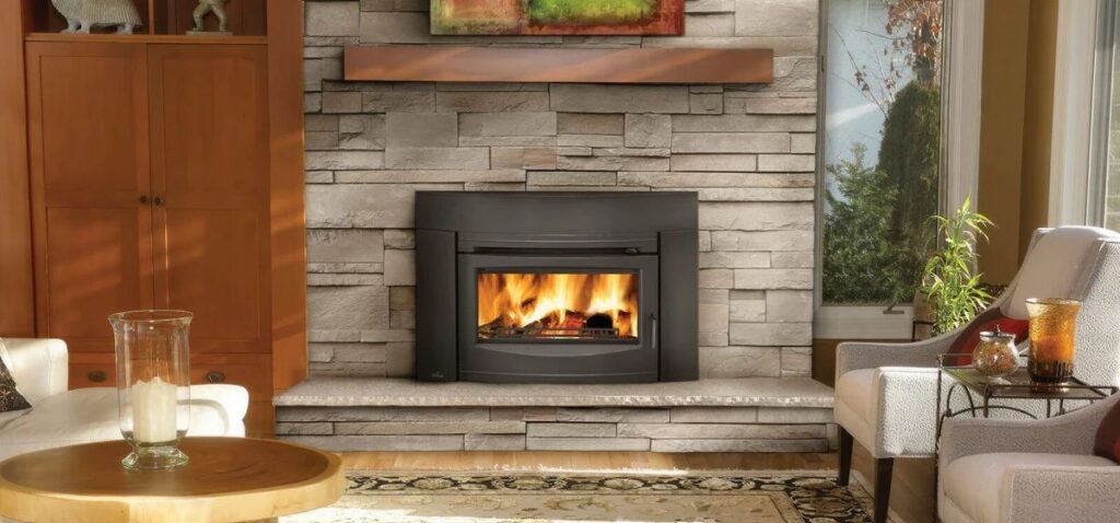 a warm and inviting living space in a home in the Poconos with a wood fireplace insert as a focal point
