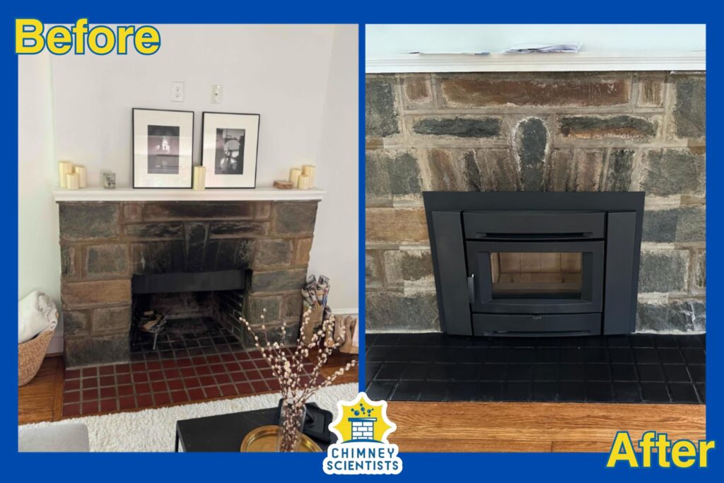 a before and after image showing a fireplace with a wood fireplace insert in a home in Conshohocken, PA