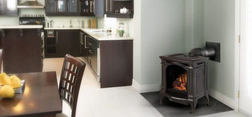 a charming wood stove providing heat to a modern kitchen in Bucks County, PA