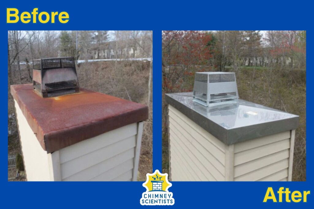 a before and after photo of installing a custom stainless steel chimney chase cover on a home in Conshohocken, PA