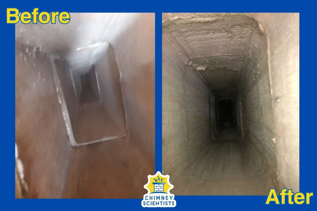 a before and after image showing the interior of a chimney flue with ceramic restoration chimney Resurfacing in Newtown Square, PA