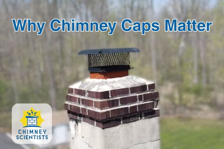a Bucks County home's chimney in the foreground with a metal chimney cap in place with a wooded property in the background
