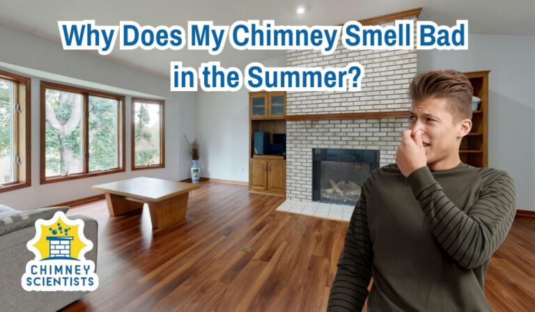 a homeowner in Media, PA, holds their nose while walking into a living area with a chimney that smells bad in the summer