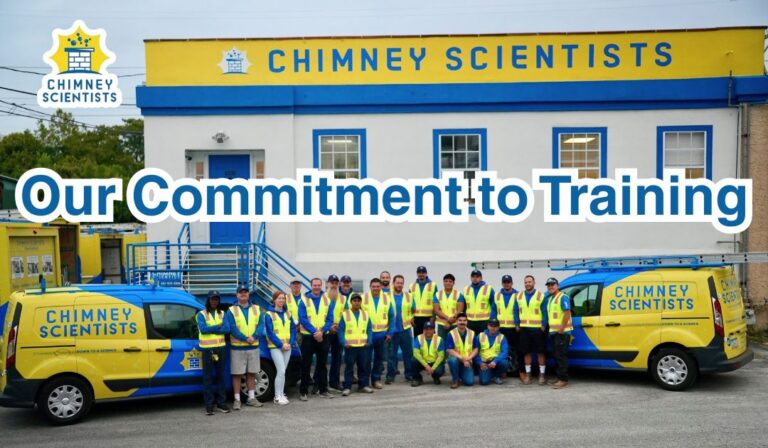 The Chimney Scientists team stands in front of their office with branded vehicles, showcasing their commitment to ongoing training