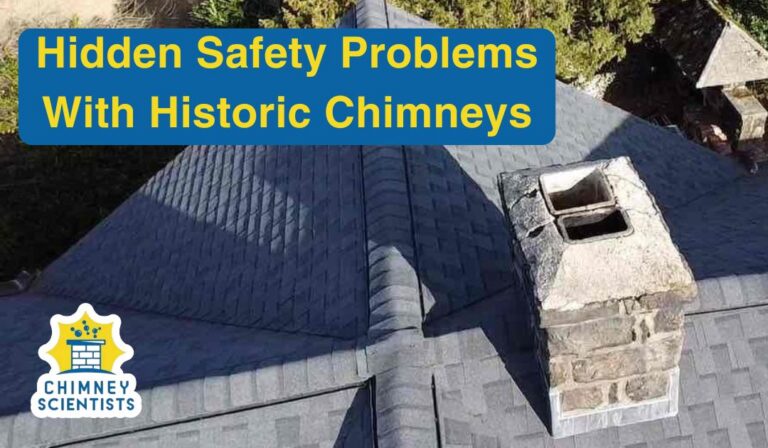 a view from the roof of a historic home in Philadelphia, PA, showing an exposed masonry chimney without a chimney cap