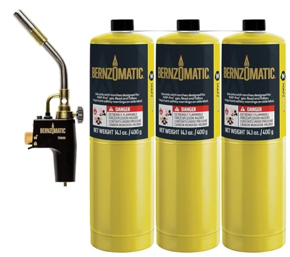 Bernzomatic TS8000 MAP-Pro Gas Handheld Torch shown with three fuel cannisters